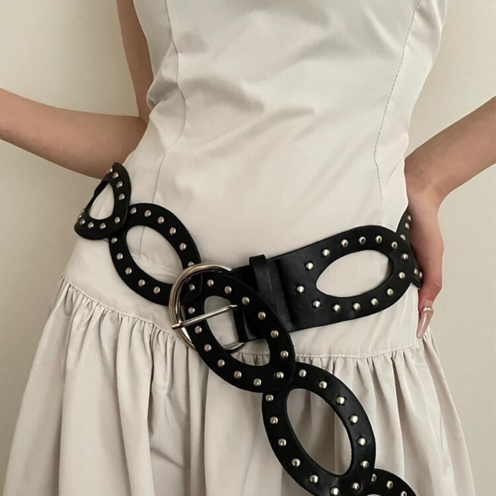 Elliptic Geometry PU Leather Waistbands Hollow Out Rivet Waist Belt  Dress Decoration