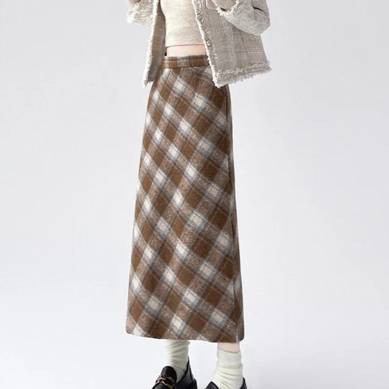 Autumn Vintage Checkered Woolen Skirts Lady Elegant High Waist Slimming A-Line Skirt Women Korean Streetwear Slit Long Skirt