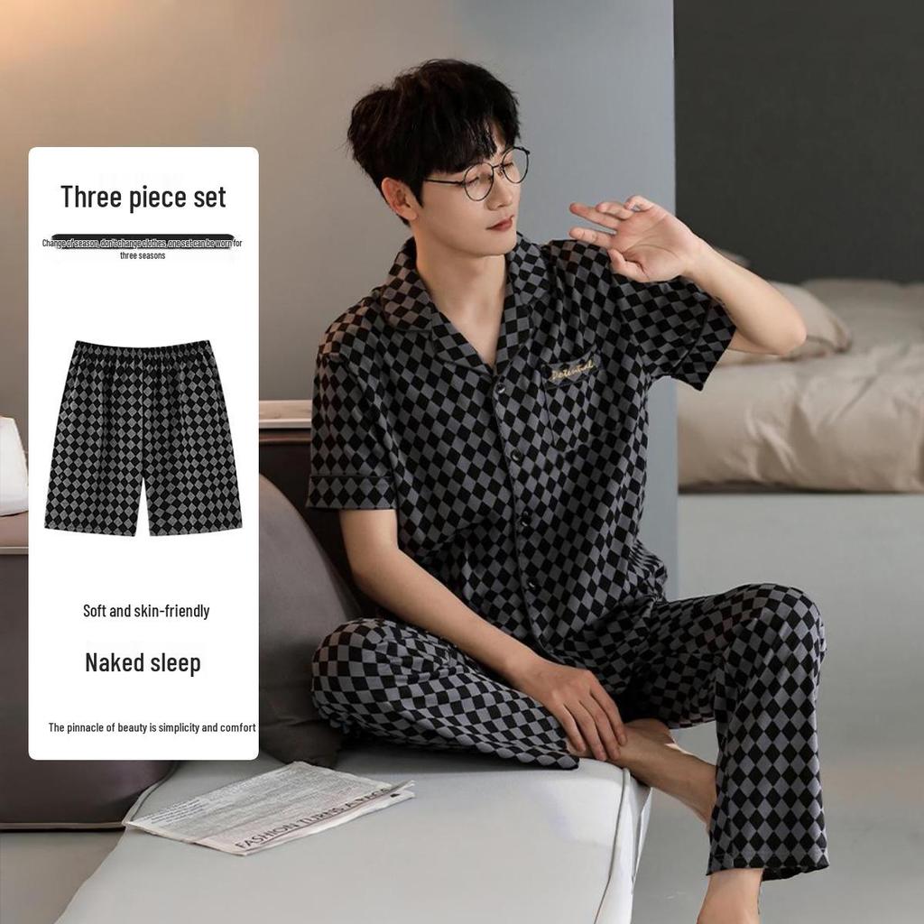 Men's Korean Style Summer Cotton Pajama Set - Short Sleeve & Pants, 3-Piece Casual Homewear.