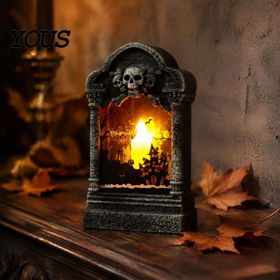 Table Bookshelf Decoration Tombstone Candle Lantern, LED Lighted Spooky Graveyard Lamp, Halloween Haunted House Props Small Night Light for