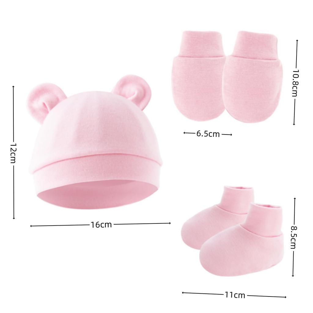 MANJIAMEI Novorozenecká čepice a měkká s medvědími oušky pro chlapce a sluníčko a věk měsíce 3dílná (Klobouk, Rukavice, Ponožky) - 100% bavlna, Roztomilý,