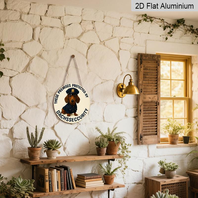 2D Flach 1 Stück, 8x8 Zoll, Dackel-Offizier-Thema Runde Aluminium-Metallschild - "Dackel-Schutz Durch Offizier" Wanddekoration für Zuhause, Garage, Bauernhaus