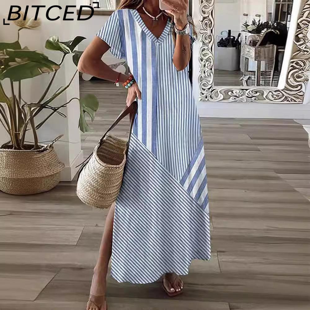 BITCED Women s Striped Positioned Print V-Neck Split Dress S