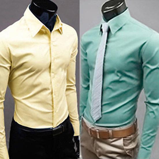 Herrenmode Lässig Einfarbig Bonbonfarbe Langarm Slim Fit Kleidhemd Top