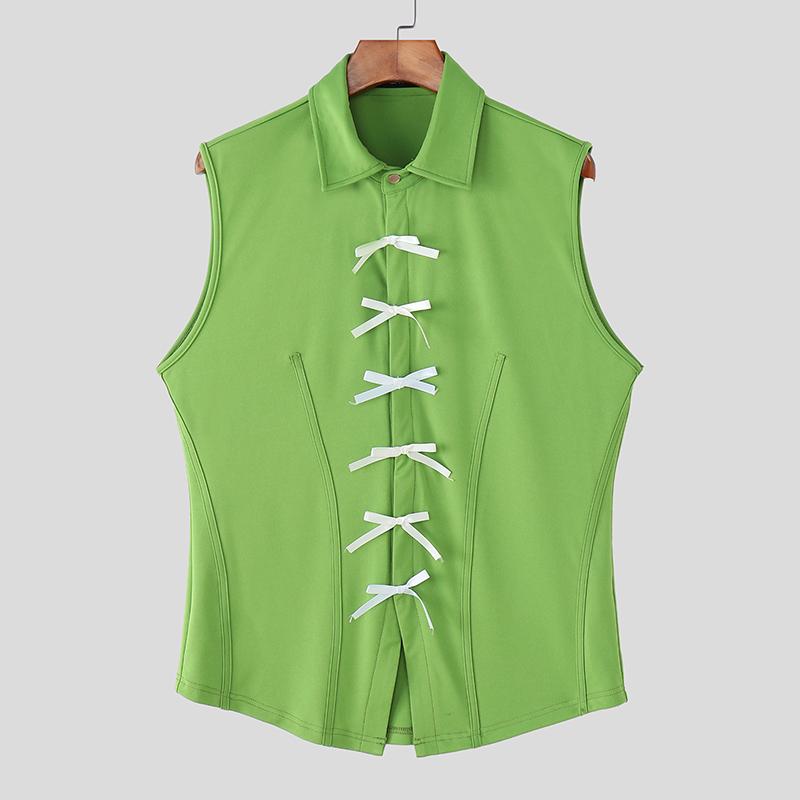 INCERUN Men Lapel Neck Sleeveless Button Up Bow Casual Loose Tank Tops