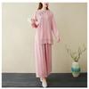 Ensemble 2 pièces Style Chinois pour Femme, Tenue de Yoga, Vêtement de Méditation Bouton Grenouille en Lin, Costume Laïque Bouddhiste Respirant d'Été
