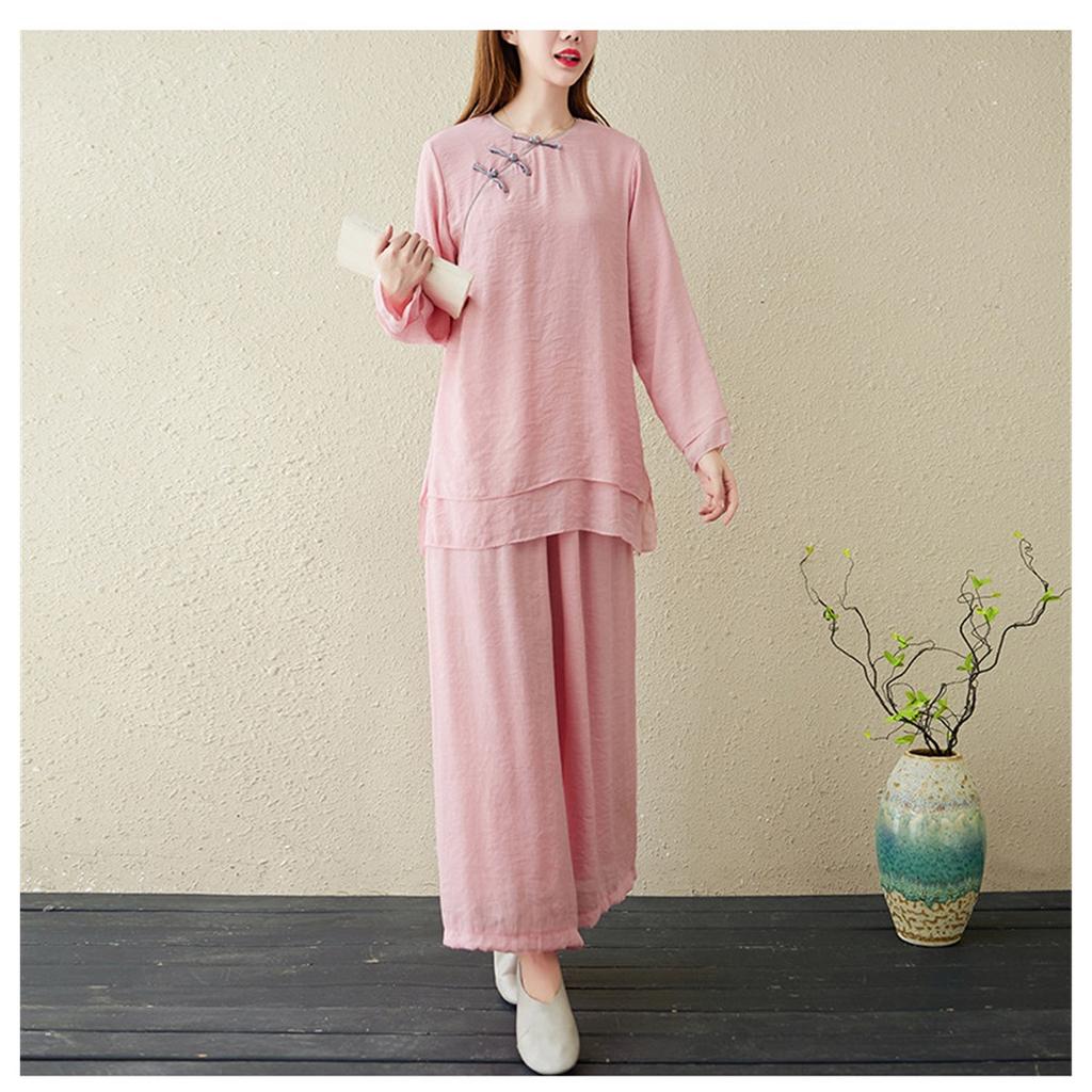 Ensemble 2 pièces Style Chinois pour Femme, Tenue de Yoga, Vêtement de Méditation Bouton Grenouille en Lin, Costume Laïque Bouddhiste Respirant d'Été