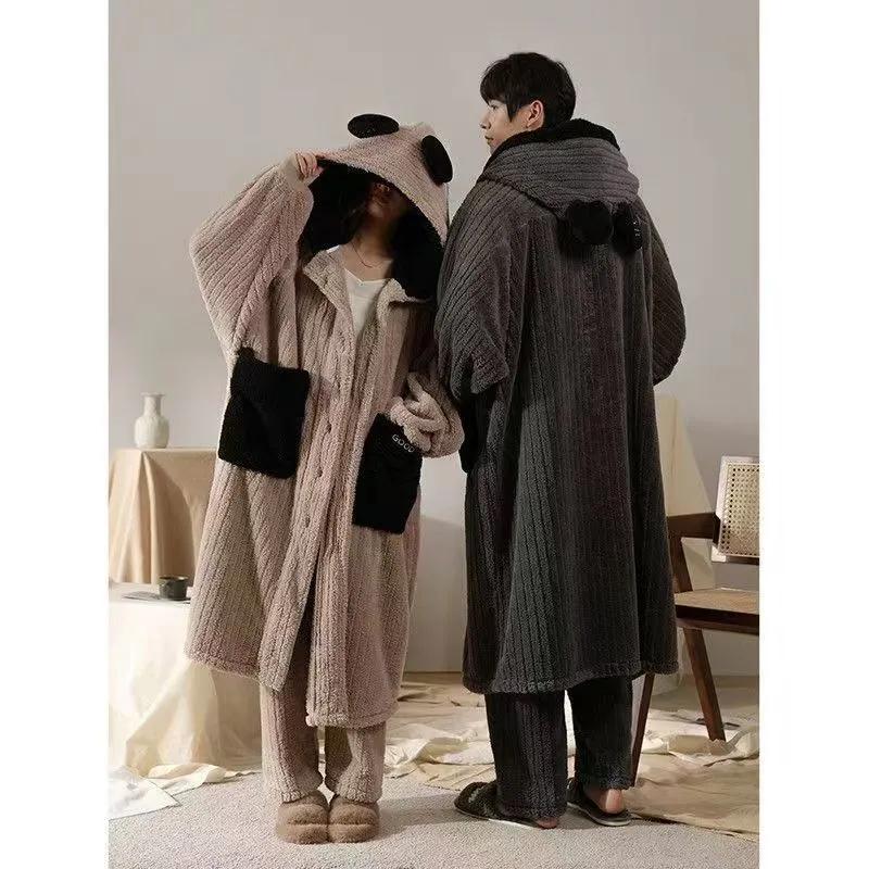 Extra-long Nightgown Pajamas Women's Autumn and Winter One-piece Hooded Coral Fleece Plus Velvet Thick Loose Plus Size Sweater Home Service