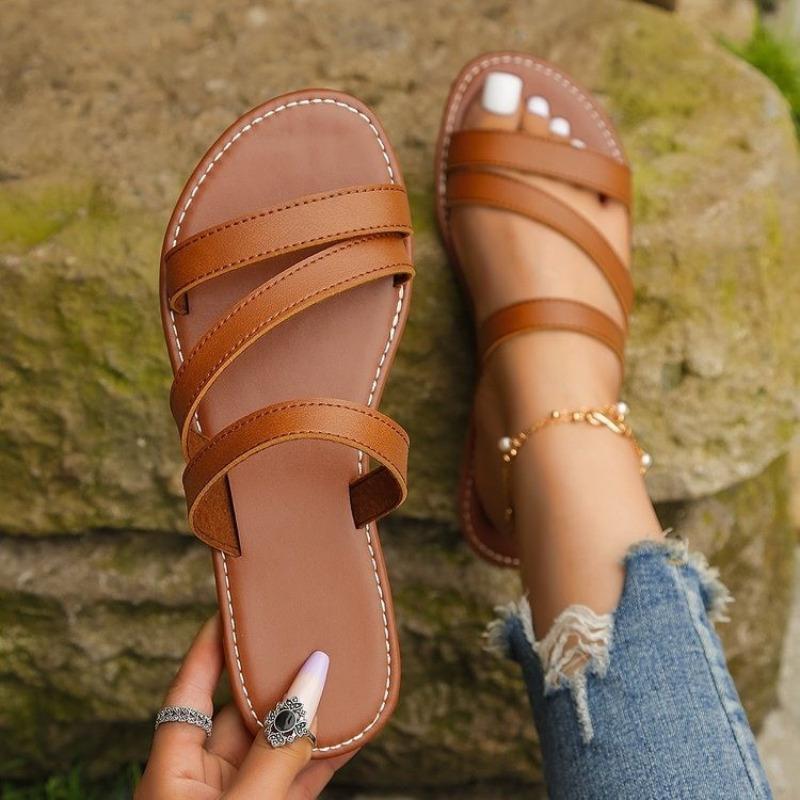 Fashion Rimocy Summer Flat Heel Sandals for Women Casual Plus Size 42 Beach Slippers Woman Pu Leather Strap Slip-On Gladiator Sandals