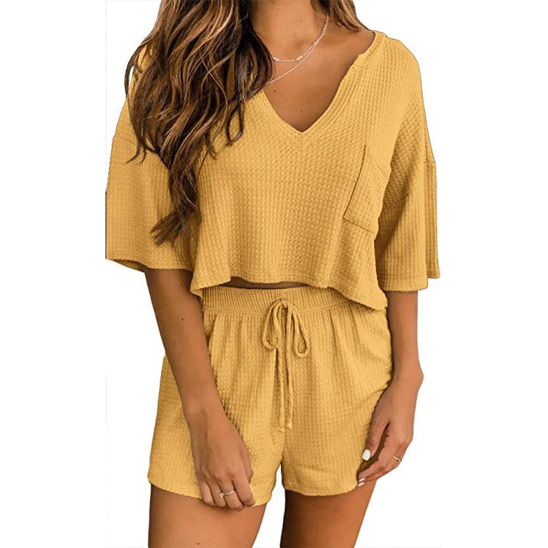 Spring and Summer Waffle Short Sleeve V-Neck Top Shorts Home Two Piece Set