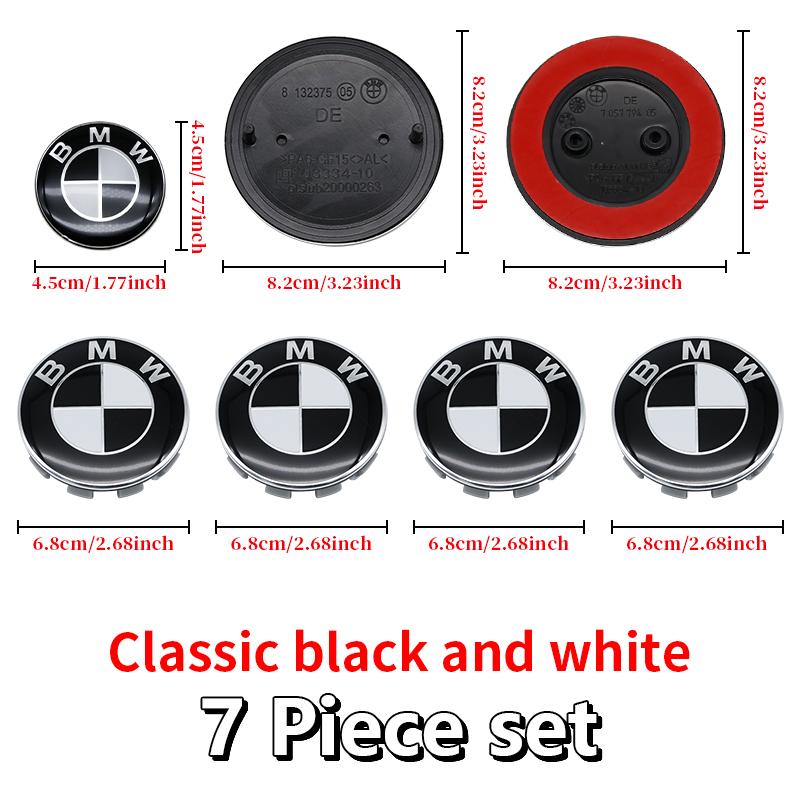 Universal Base Black White Badge Set for BMW 7Pcs 68mm 56mm 82mm 74mm Hood Trunk Wheel Steering Logo 7Pcs 2-Pin 3-Pin Clips Kit