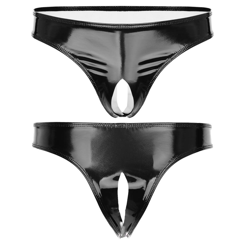 Mens Wet Look Patent Leather Crotchless Lingerie Bikini Briefs Underwear Panties