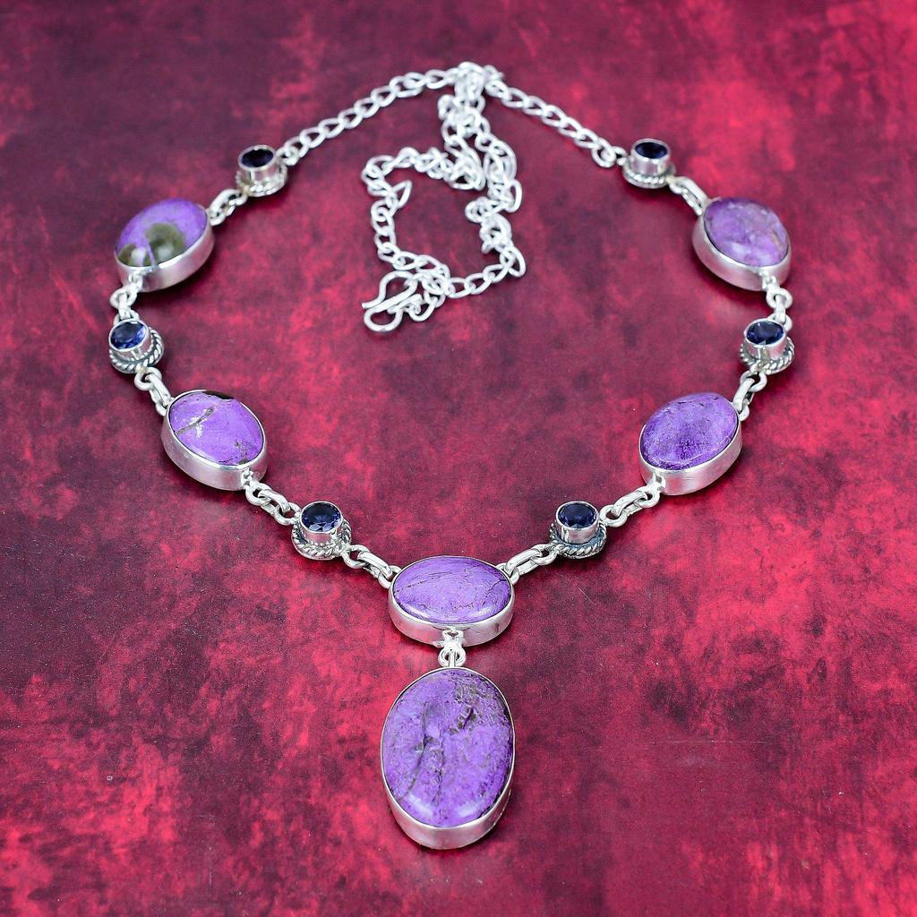 Purpurite & Amethyst 925 Solid Sterling Silver Necklace with Adjustable Chain, Handmade Gemstone Jewelry Necklace For Memorial Day