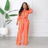 Women's Striped Printed Long-Sleeve Shirt Suit - Two-Piece Set