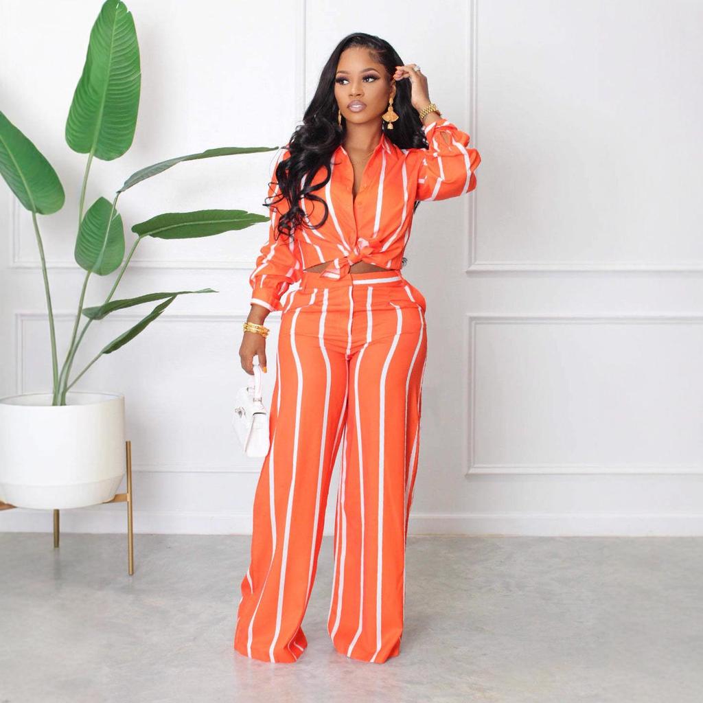 Women's Striped Printed Long-Sleeve Shirt Suit - Two-Piece Set
