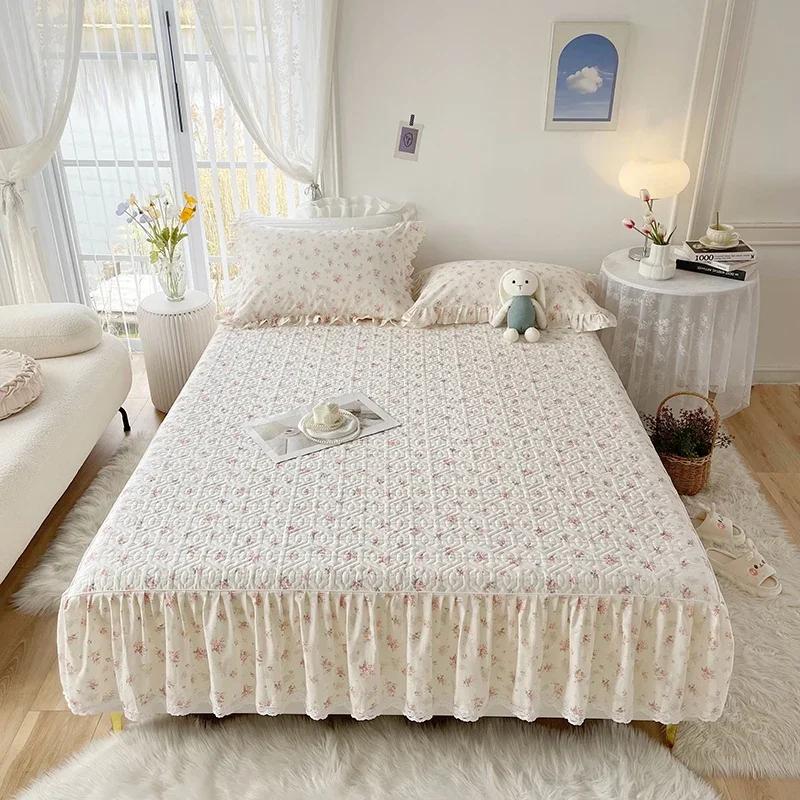 1pc Pure Cotton Thicken Quilted Mattress Cover with Skirt Queen/King Bed Sheet Skirt Elastic Band 200x220cm (No Pillowcase)