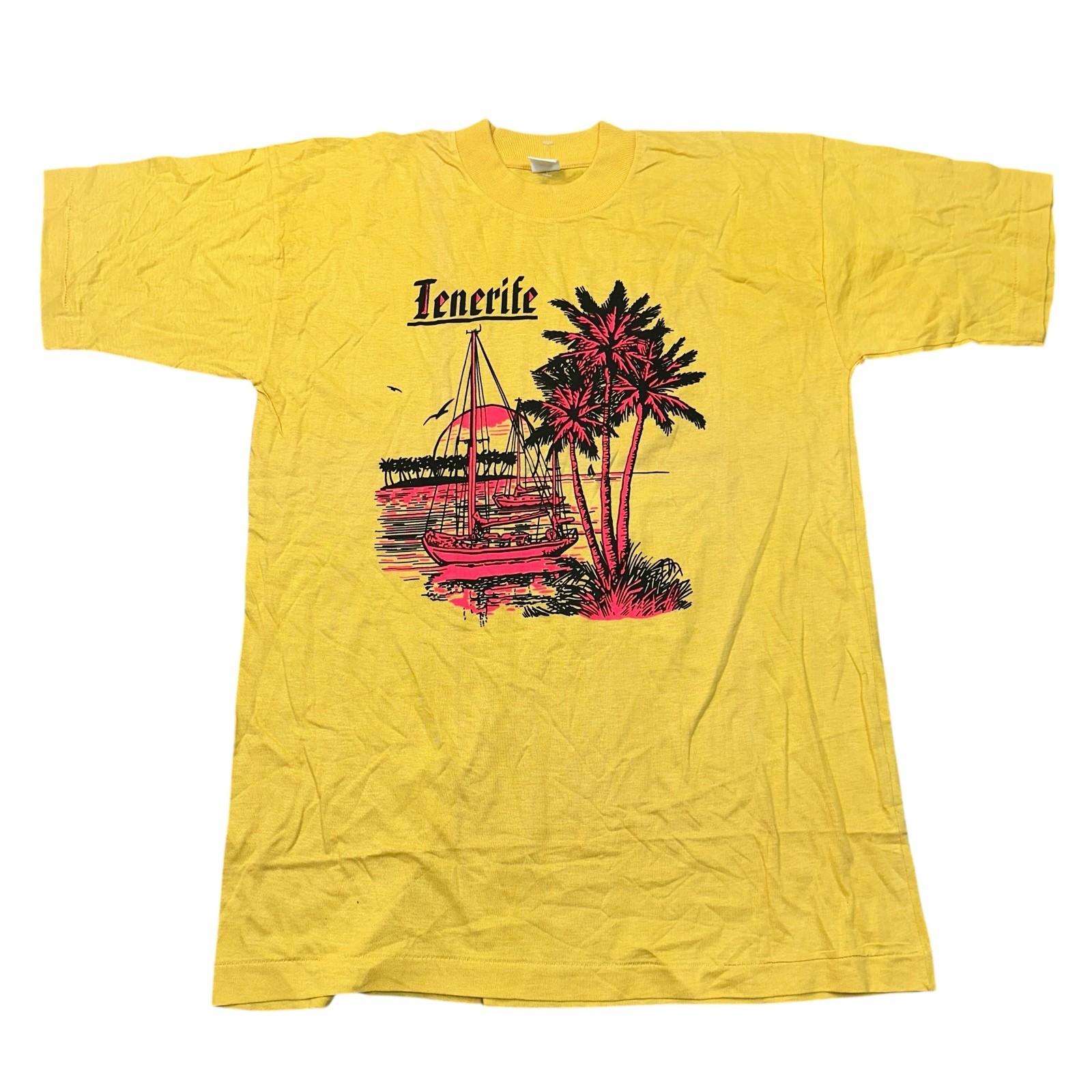 

Vintage Single Stitch T-Shirt Mens Womens Tees Top 90s Graphic Print Tenerife Yellow Mens XL