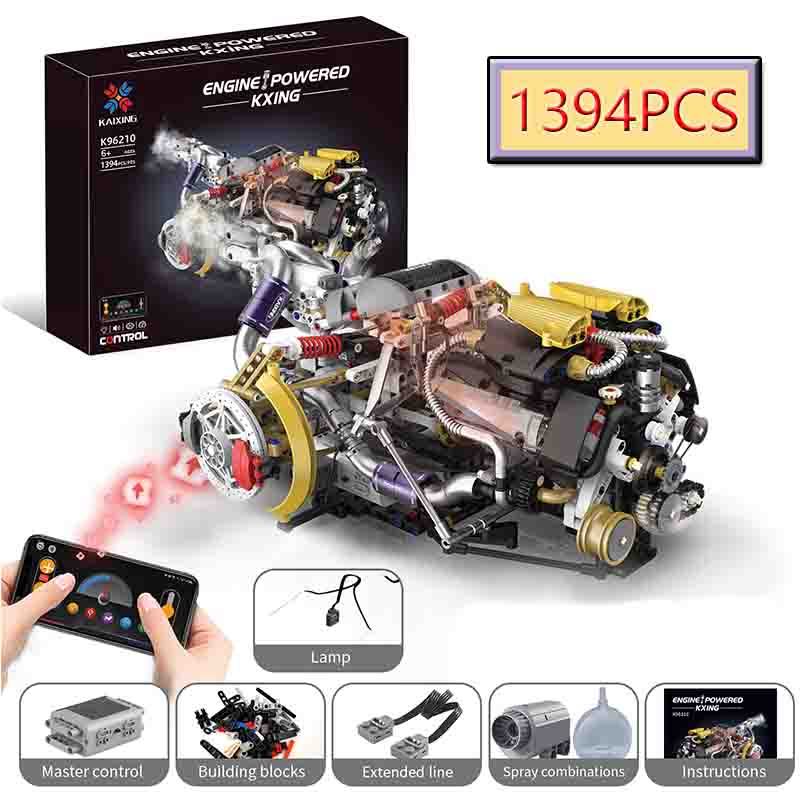 

Модель RC Электрическая Управление через Приложение Светодиодный Двигатель со Спреем 1л Сборка Двигателя Строительный Блок DIY Образовательная Игрушка для Детей Подарок на День Рождения