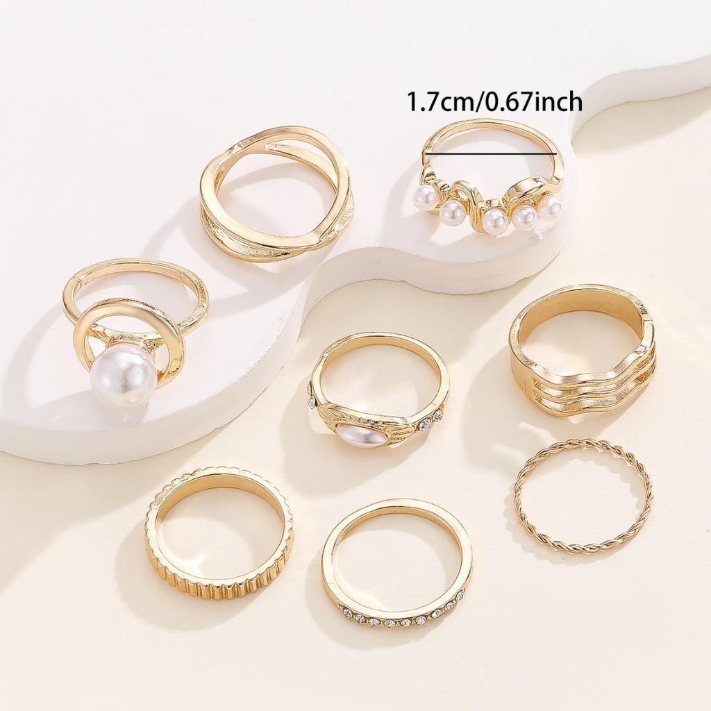 European-American Design Luxury Pearl & Diamond Adjustable Ring Set - 8 Pieces