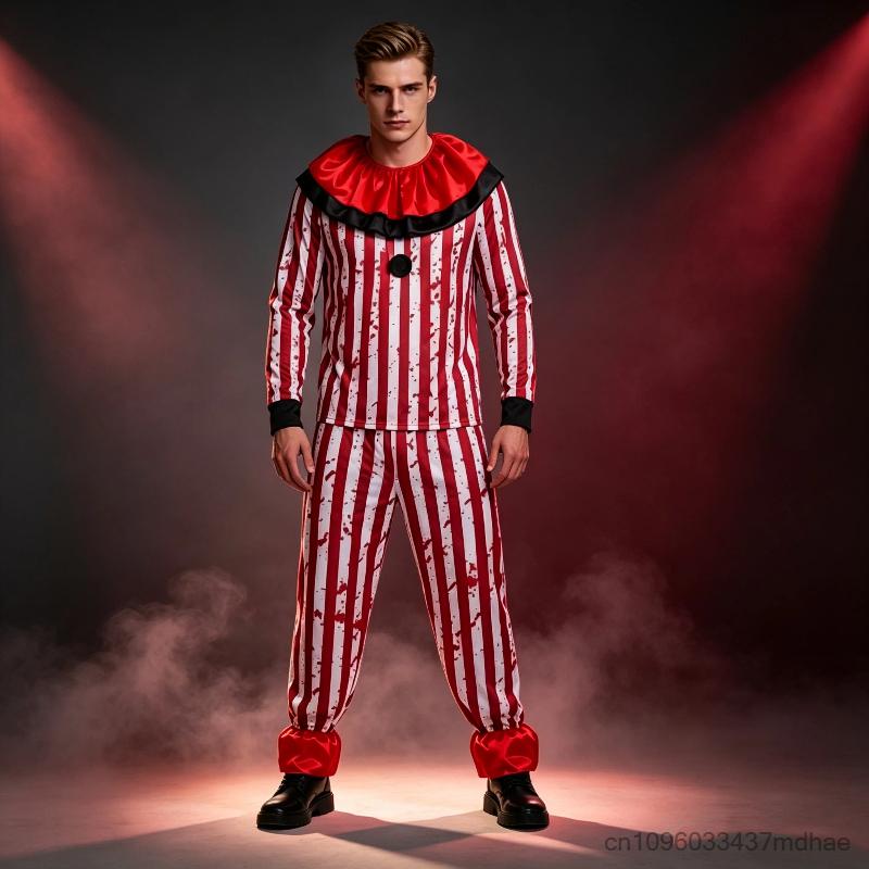 Halloweenský děsivý klaunský kostým pro muže a ženy Červeno-bílý pruhovaný krvavý top s volánkovým límcem Kostým pro dospělé na cirkusové cosplay párty