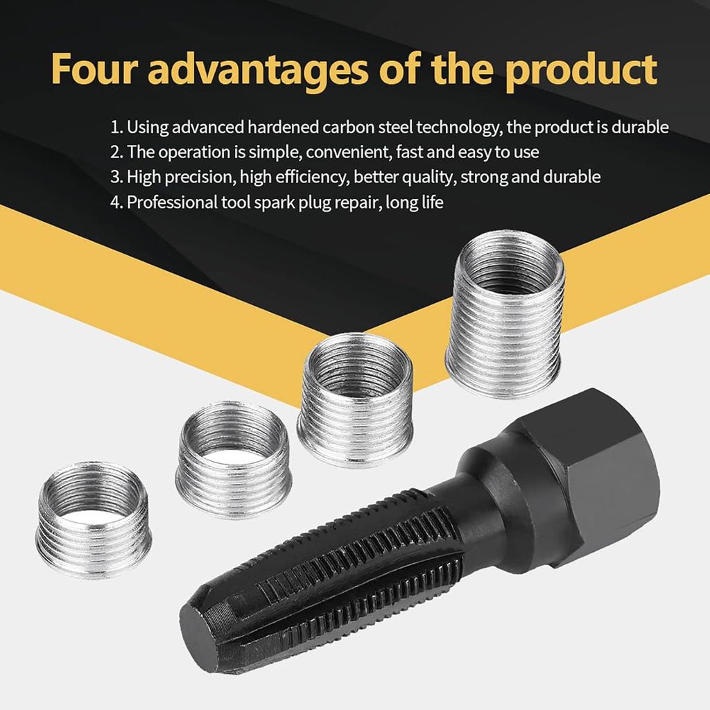 Milltrip 5Pcs Carbon Steel Sparks Plug Thread Repair Kit - 14mm Re-thread Tap Tool with 4 Inserts, Professional Cylinder Head Rethreading Tools for