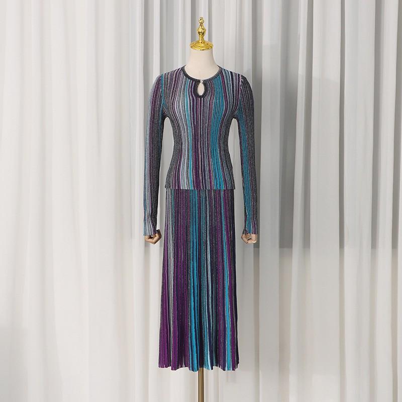 Retro Temperament Stripe Silver Thread Contrast Color Slim Collar Knitted Pleated Suit Women S