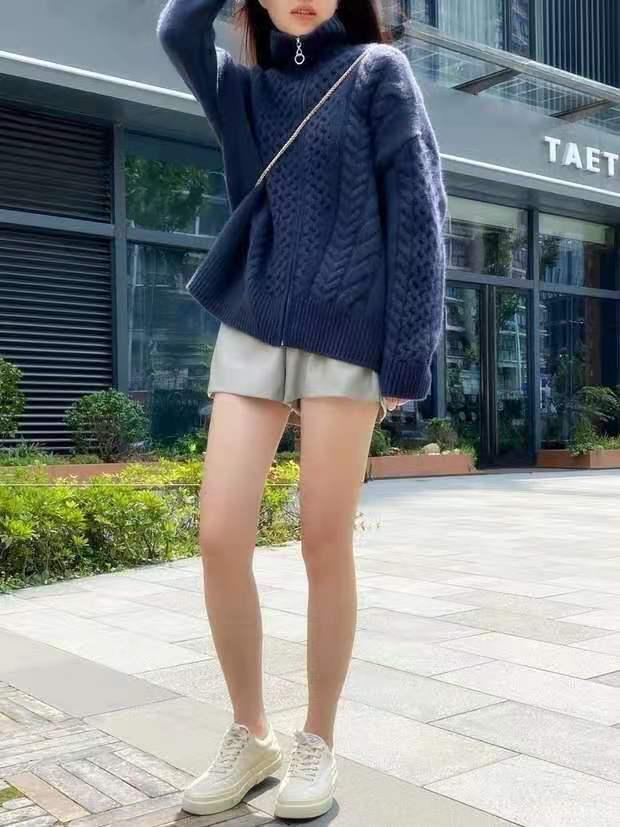 Women's High Neck Zipper Cable Knit Wool Cardigan - Soft, Thick, and Loose Fit Sweater for Autumn and Winter