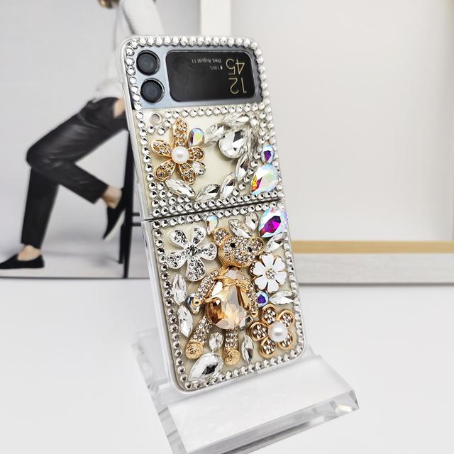 Luxury Bling Diamond Gem Bear Flower Glitter Phone Case For Samsung Galaxy Z Flip 4 5g Z Flip 3 Flip3 Zflip Case Cover