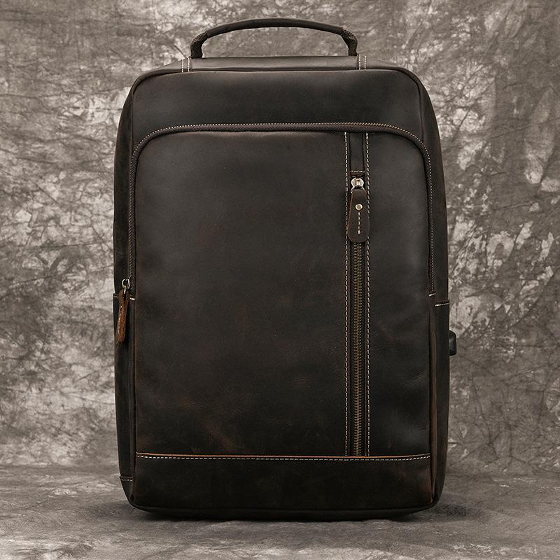 Leisure Travel Backpack, Men's Leather Backpack, Student Backpack, 15 Inch Head Layer Cowhide Commuting Computer Bag