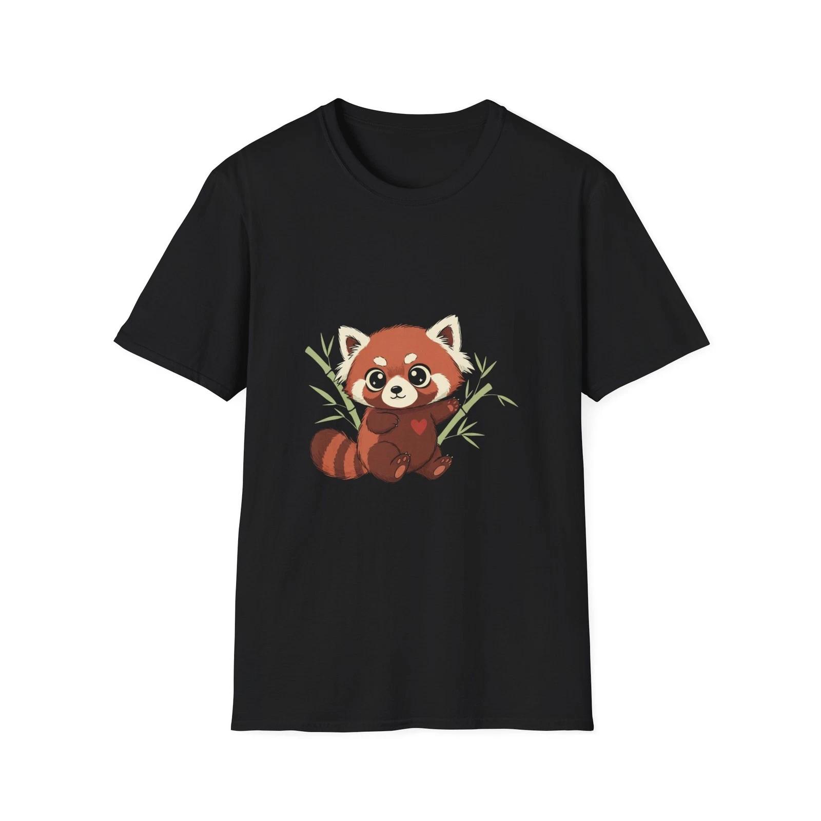 Red Panda Bamboo Cute Kawaii Hand-Drawn Black Tee Graphic T-Shirt S