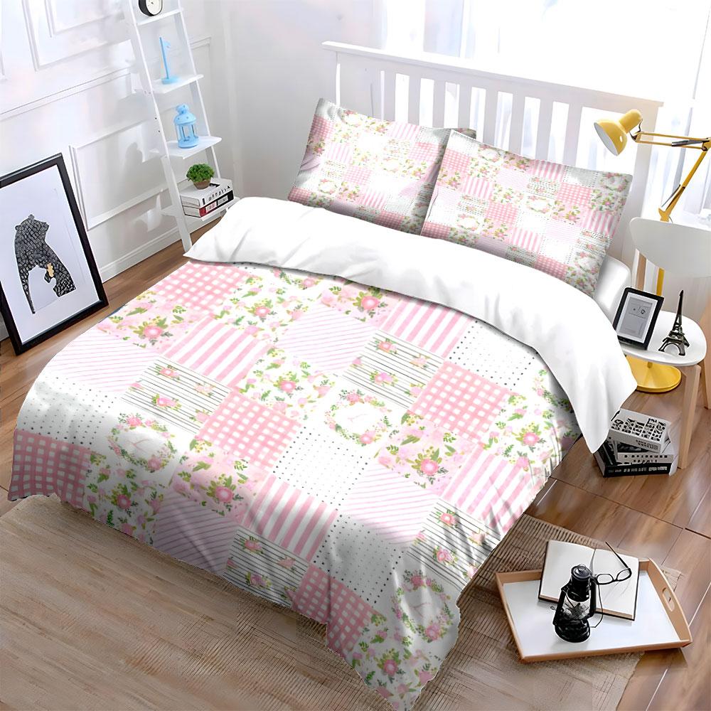 Pink Floral Patchwork Bedding Set 3PCS Sweet Pastoral Style Duvet Cover Pillowcases Soft Polyester Bed Linen for Girls Bedroom