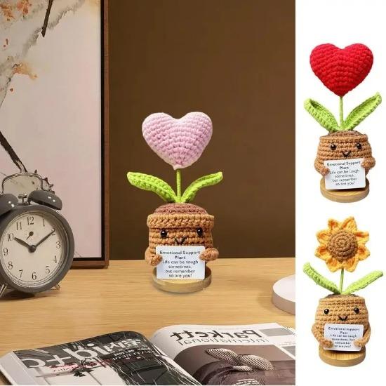 Knitted Wool Heart Potted Plant Handmade Simulation Flower Study Desktop Decorations Living Room Decorations