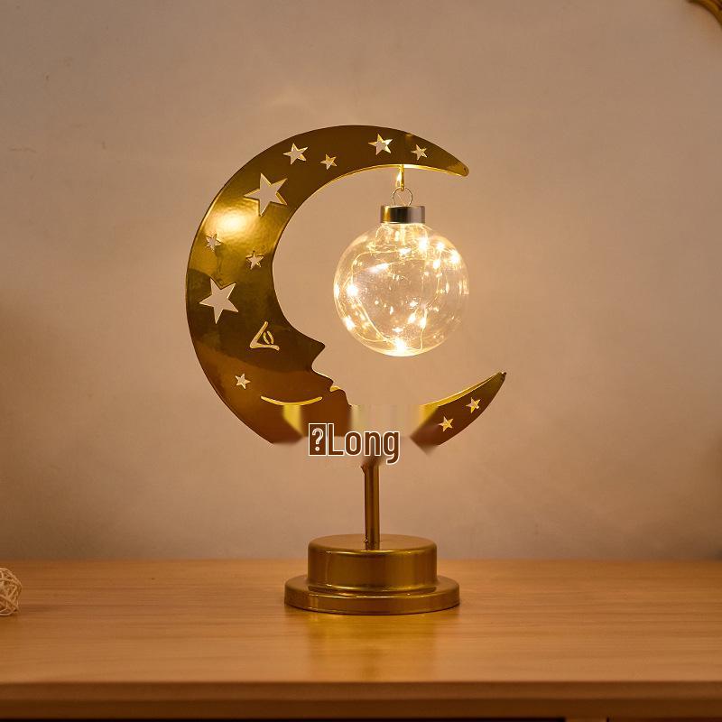Middle Eastern Festival Moon and Star LED Decorative Rattan Ornament Lamp for Bedroom Battery Powered
