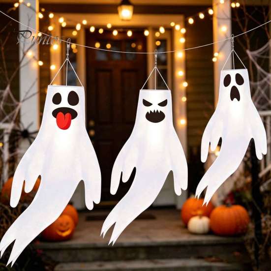 Party Atmosphere Props 44 Inch Halloween Hanging Ghost Windsock, White Flying Ghosts Flag Wind Scary Yard Socks for Tree, Outdoor Patio, Decor