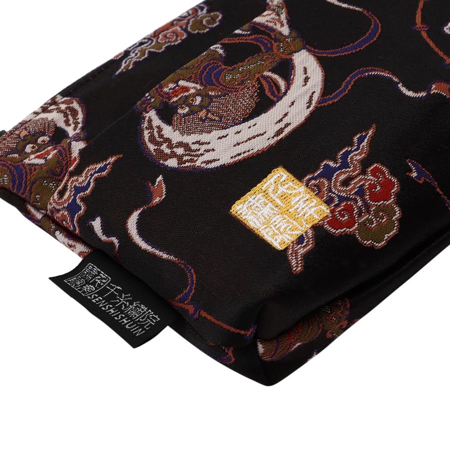 Senshishuin Nishijin Brocade Pouch Jet Black Wind and Thunder God Design (Lined) (Small)