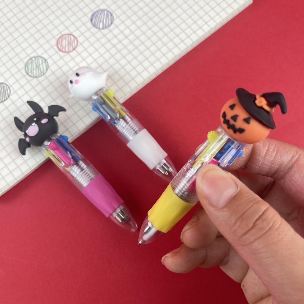 12pcs Cute Cartoon Retractable Ballpoint Pens for Halloween, 4-in-1 Color Ballpoint Pens, Pumpkin Bat Ghost Shaped, Suitable
