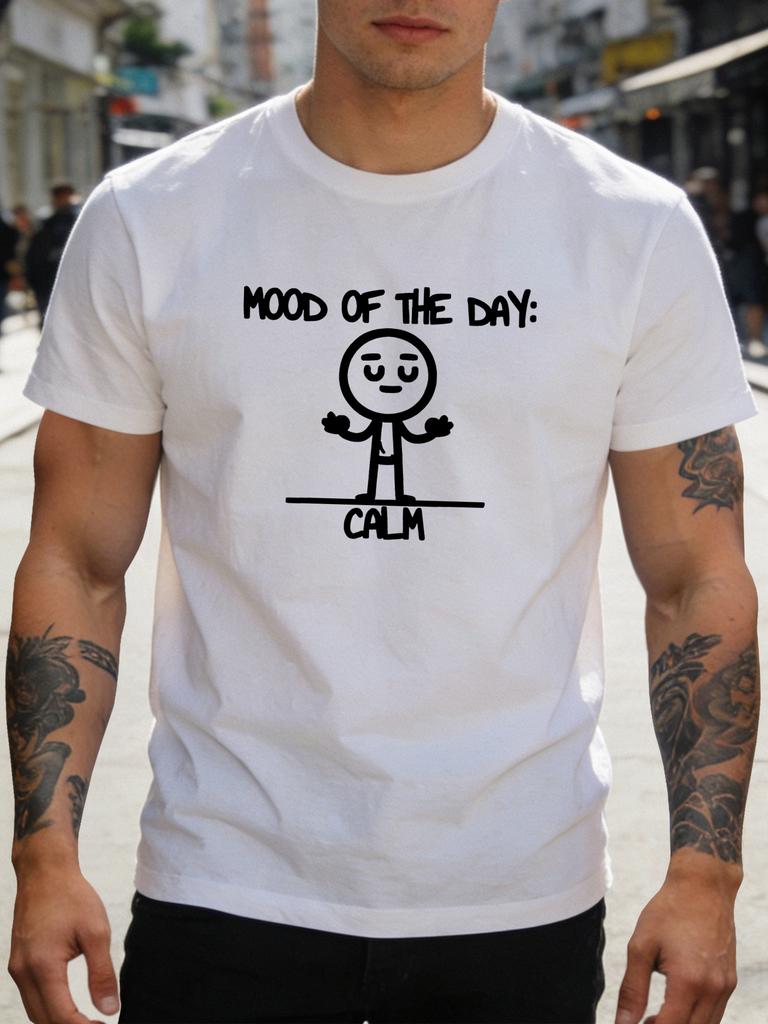 Unisex Navy Tee Calm Mood Stick Figure Graphic Print Short Sleeve Loose Casual Street Basic Top For Young Male Daily Wear Outfit