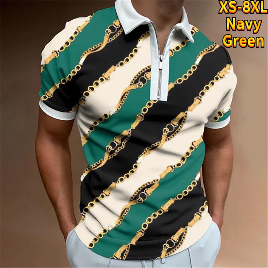 Casual Lapel T-shirt Young Men's Fashion Zipper T-shirt Short Sleeve T-shirt Men's 3D Black and Red Stripes Print T Shirt