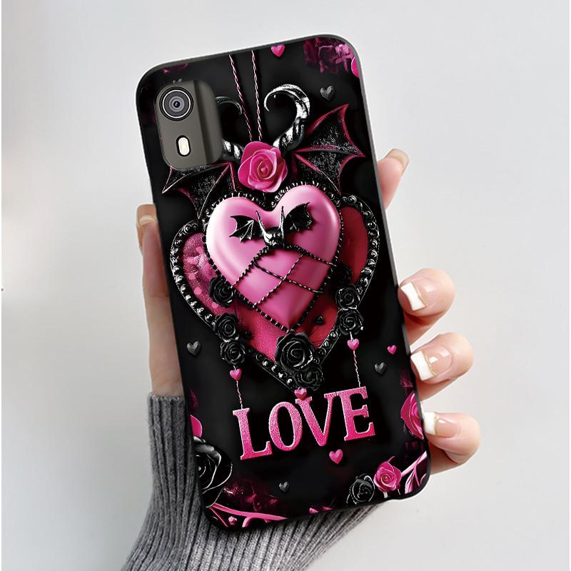For Nokia C02 Phone Case Cute Funny Love Rabbit Animal Black Matte Soft TPU Protective Back Cover for Nokia C2 2nd Edition Case