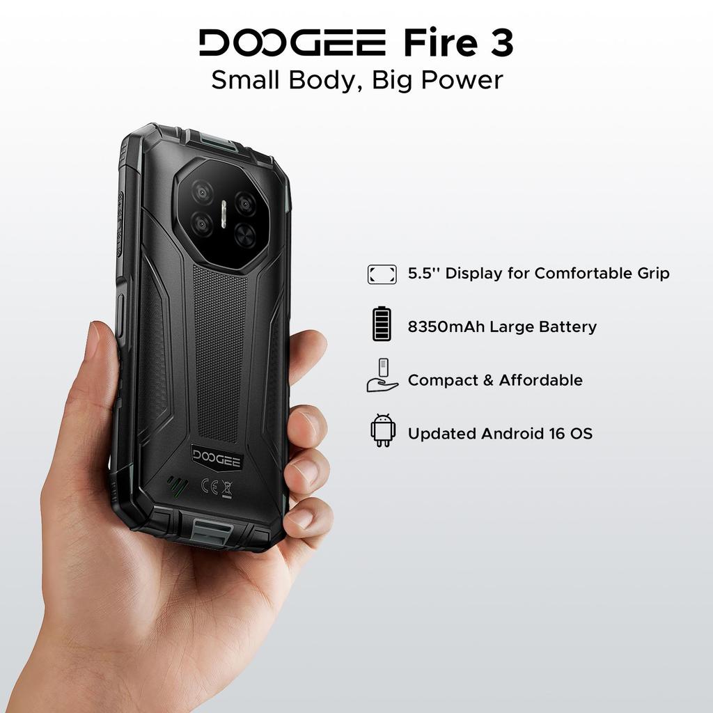 DOOGEE Fire 3 Rugged Smartphone, 8350mAh, Octa Core Android 16 Phone, 5.5", 12GB+64GB/2TB, 3.5mm Headphone Jack, Face ID/OTG/NFC
