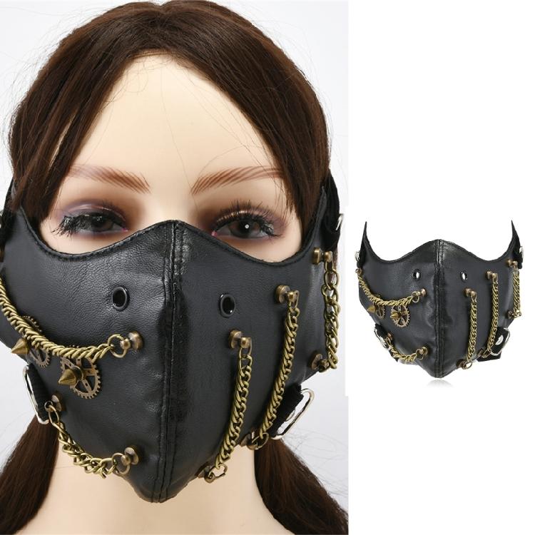 Punk Rock Halloween Accessory With Alloy Rivet Chain And Soft PU Leather Face Covering Costume Face Mask For Cosplayers