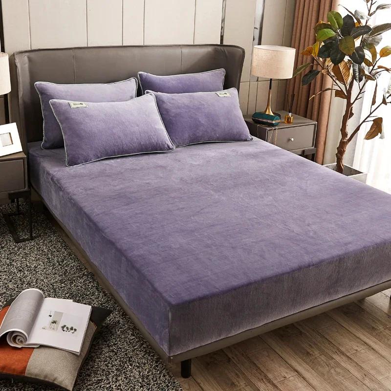 Autumn and Winter A-Class Milk Velvet Bed Sheet Solid Warm Cozy Mattress Protective Cover Bed Linen Protector Fitted Sheet Winter Keep Warm