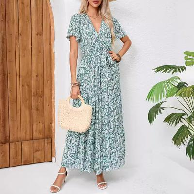 Women's Dress Summer Bohemian V-Neck Short Sleeve Tie Bow Waist Dresses