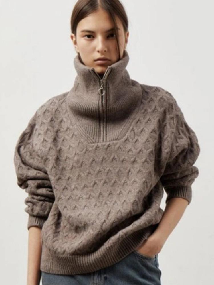 High Collar Half Zip Sweater Women Autumn Winter Korean Version of The Lazy Knitwear Chunky Knit Sweater Comfortable Undercoat Long Sleeves Sweater L