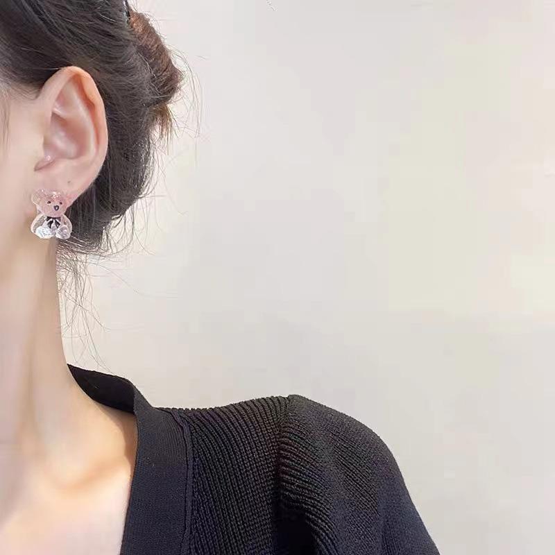 Silver Needle Transparent Bear Earrings Women's Fashion Personality Temperament New Trendy Cold Wind Stud Earrings