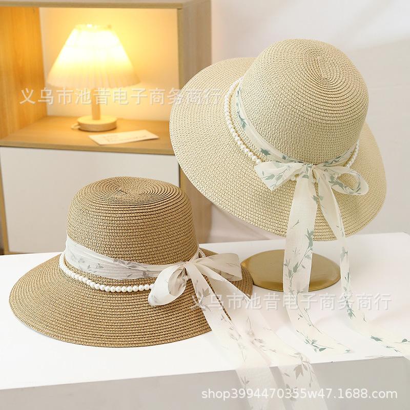 Straw hat women's summer youth pearl national style ink painting ribbon dome outdoor top hat seaside vacation sunshade sunscreen hat