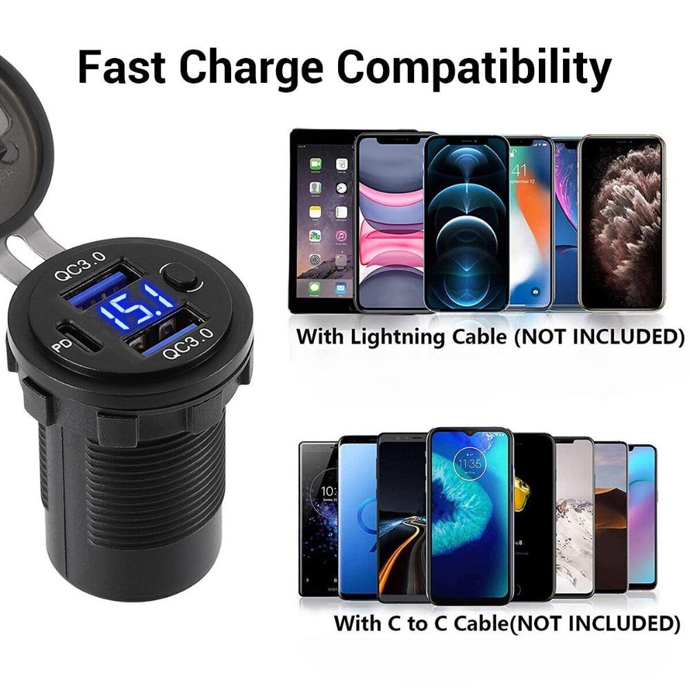 1set 12V USB C Charger Port Fast Car Charger PD & QC Outlet Socket for Boat RV Marine