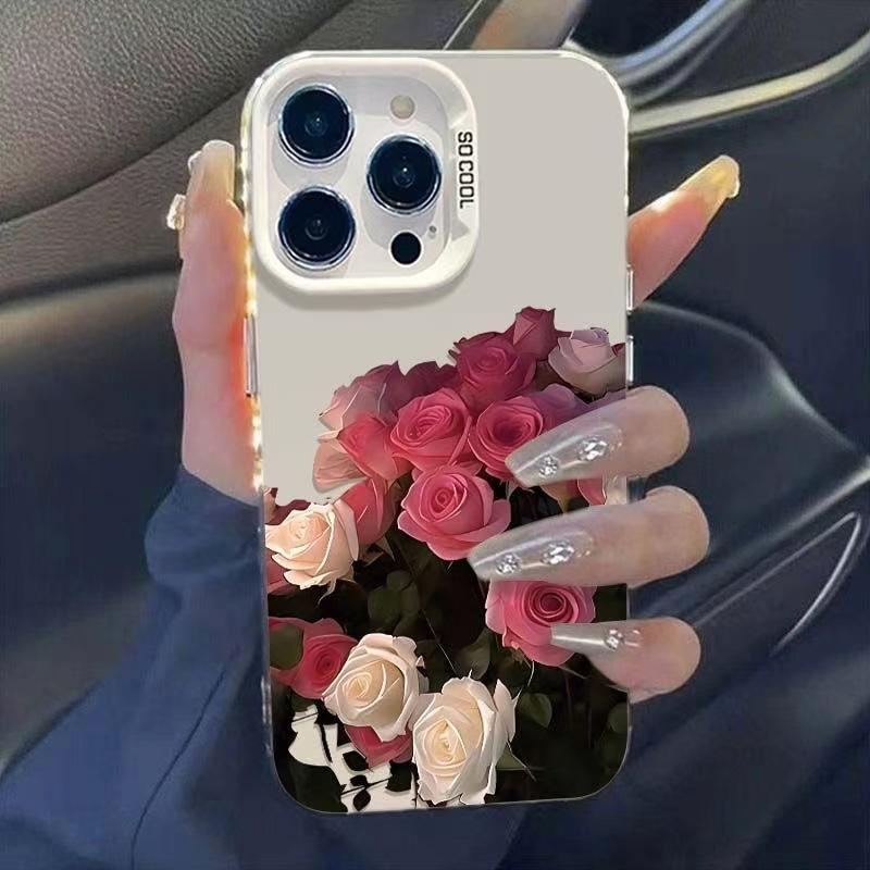 Red and white rose flower case suitable for Apple 15 Pro Max, iPhone 16 Pro, beautiful 14 Pro floral design, new for 17