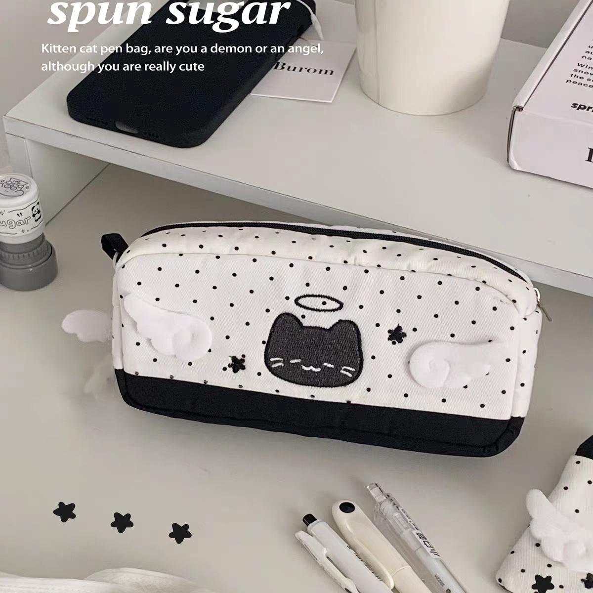 

Angel Devil Black Polka Dot Cat Pencil Case - High Capacity Student Stationery and Card Holder