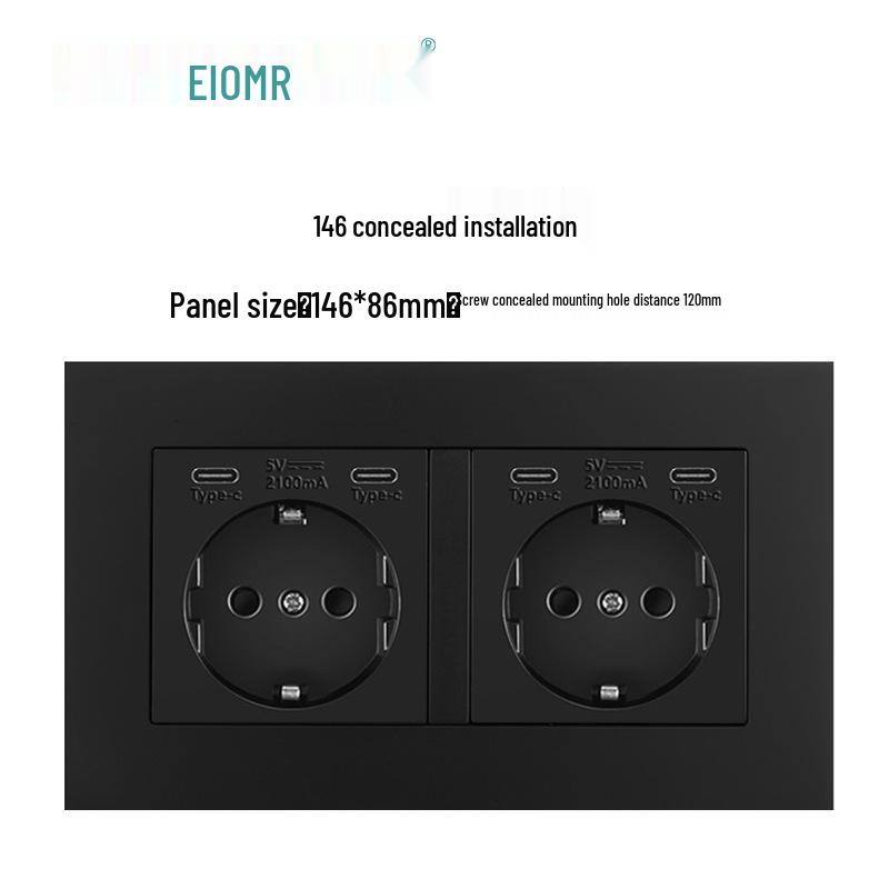 Black 16A German Standard Socket Panel with Double USB + Type C, Concealed European Installation